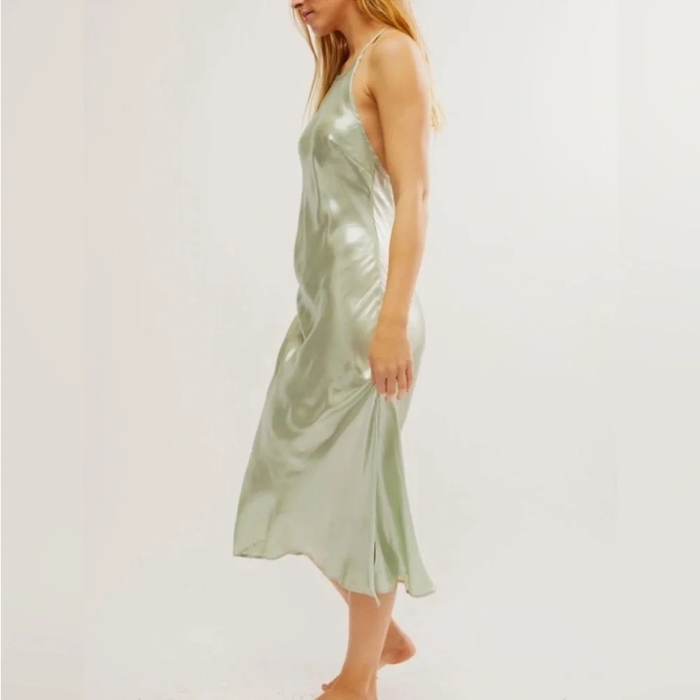 FREE PEOPLE Sunset Shimmer Midi Slip Dress Sage Green Foil NEW Size XL